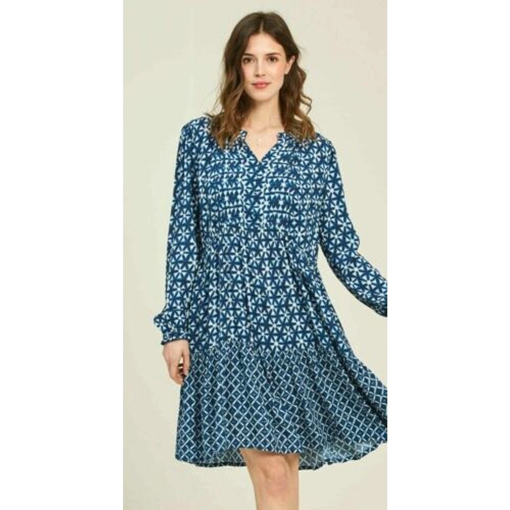 FAT FACE MAYE Indigo Blue SHIBORI PATCH Dress Sz 4 NWOT